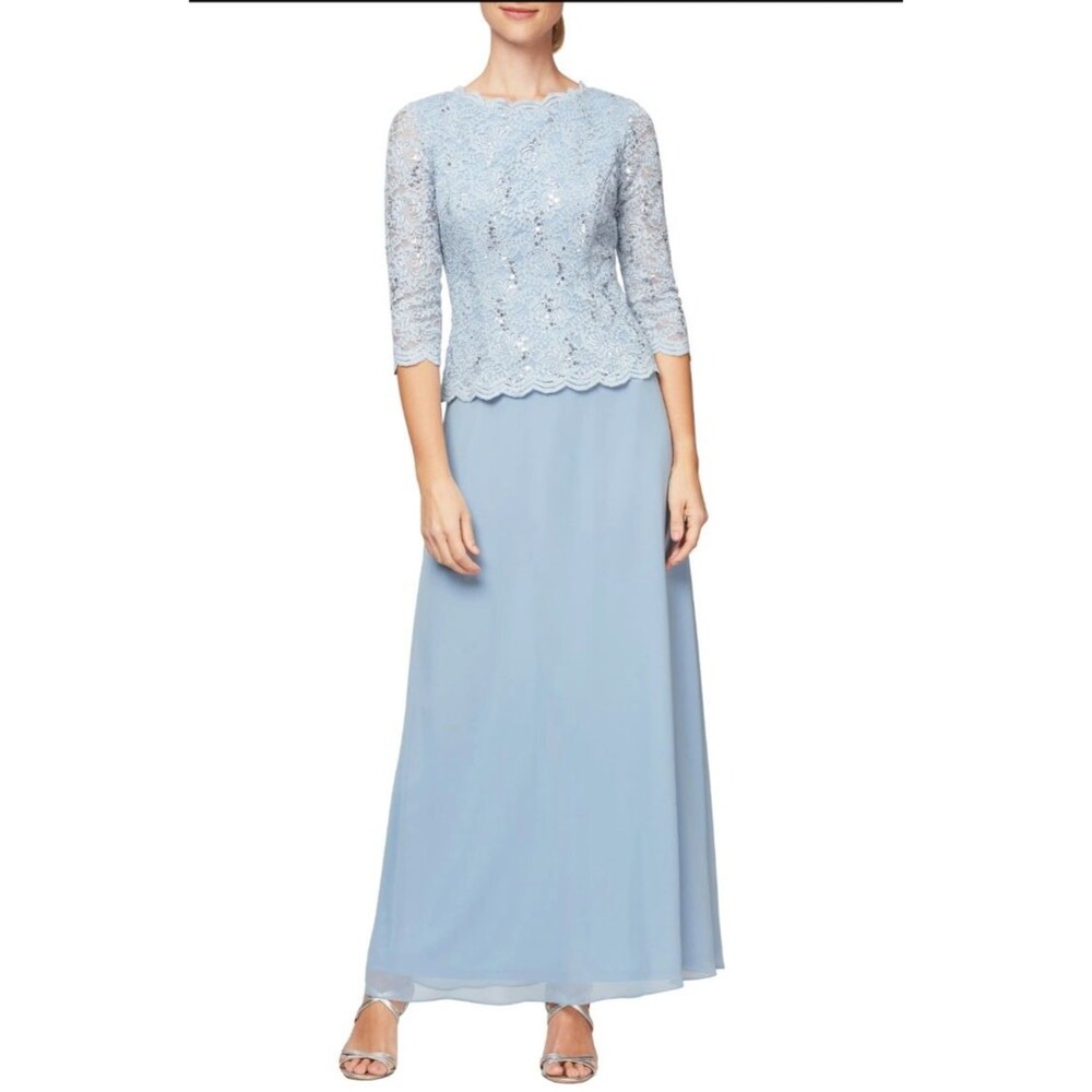 Alex Evenings Womens Sz 12 Sequin Embellished Lace Top Gown Sky Blue
